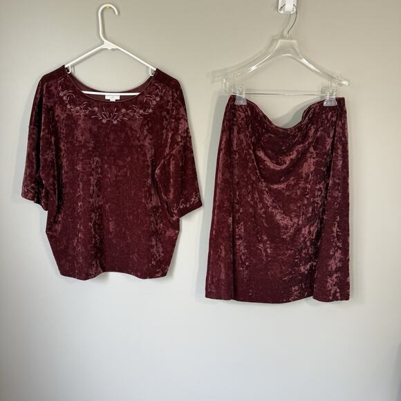 J. Jill Two Piece Skirt Set L Petite Crushed Velvet Maroon Purple Embroidered - Picture 2 of 9